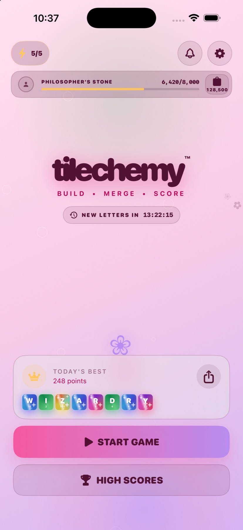 Tilechemy home screen in the Rose Quartz theme