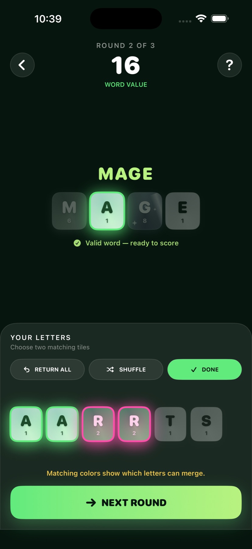 Merging matching letter tiles during a Tilechemy round